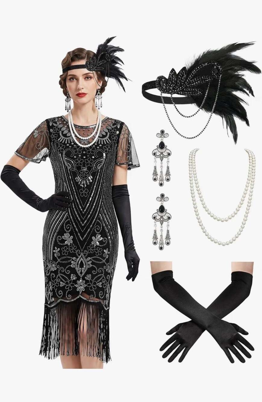IDOPIP 1920s Flapper Dress Set Size S Black Silver Sequin Fringed